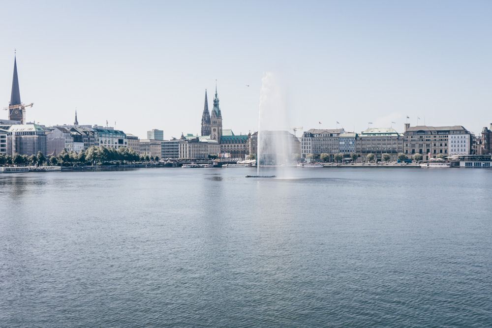 Free Self-guided Hamburg walking tour: View of the Binnenalster, the smaller of the two artificial Alster Lakes in Hamburg. It is one of the top things to see in Hamburg.