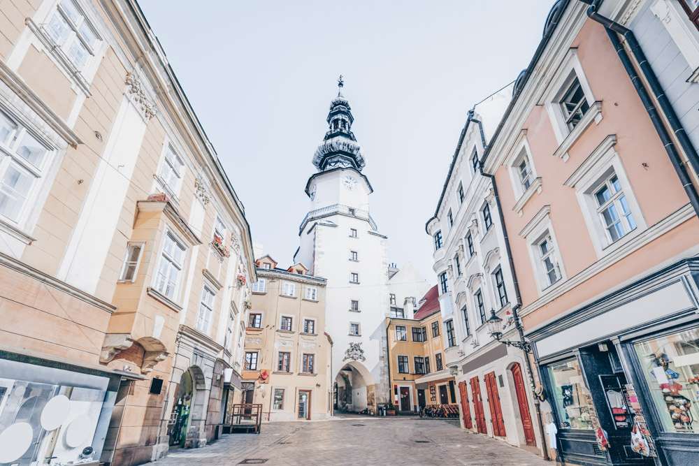 Free Bratislava city tour: View of Michael's Gate, a 14th-century Gothic tower that is  the only standing gate from the former four gateways into the Bratislava Old Town.