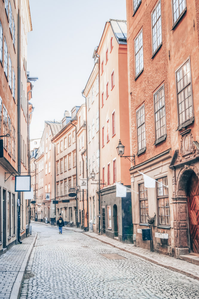 Things to do in Stockholm: The quiet, narrow cobbled street of Österlånggatan in Gamla Stan (Old Town)