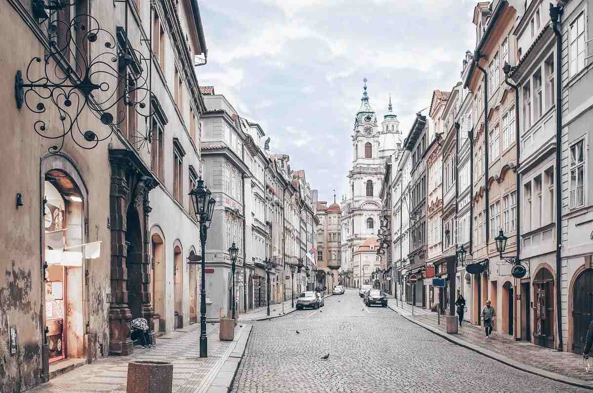 2 Days in Prague: View of the Baroque townhouses on a cobblestone street in Mala Strana