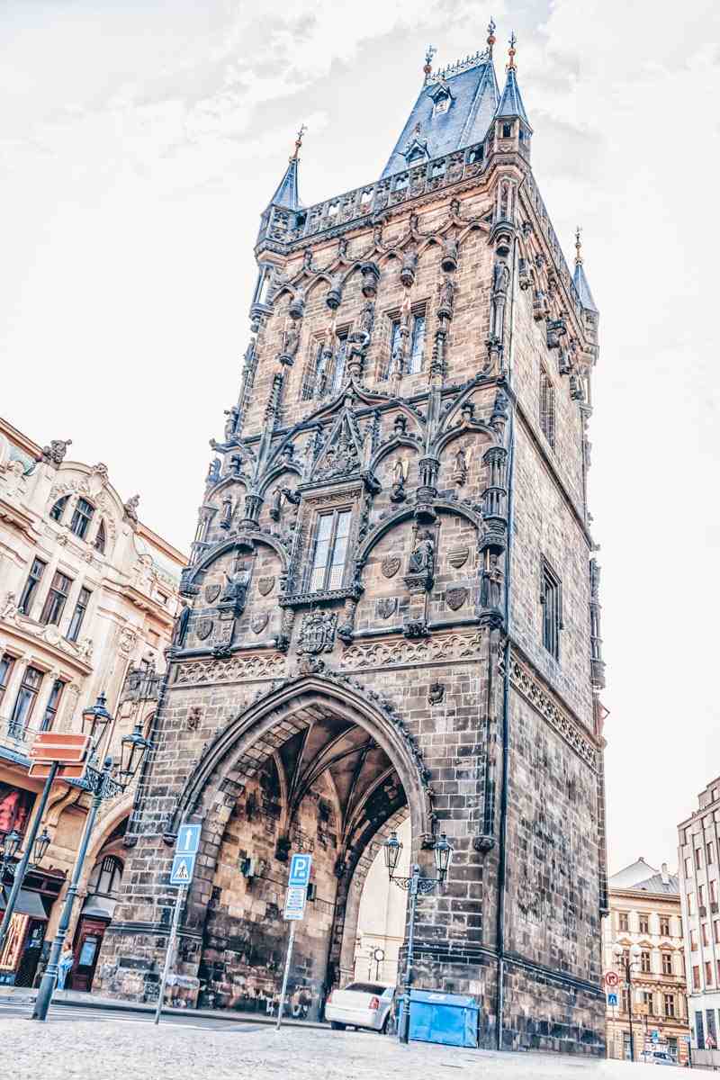 Must-see sights in Prague: The Powder Tower, a fancifully decorated, imposing Gothic tower