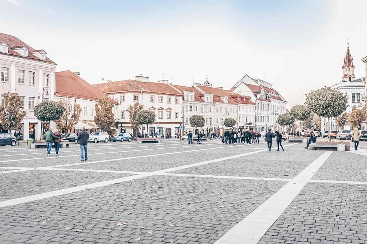 Vilnius attractions: The Town Hall Square, surrounded by multi-colored 17th and 18th-century townhouses and eating establishments