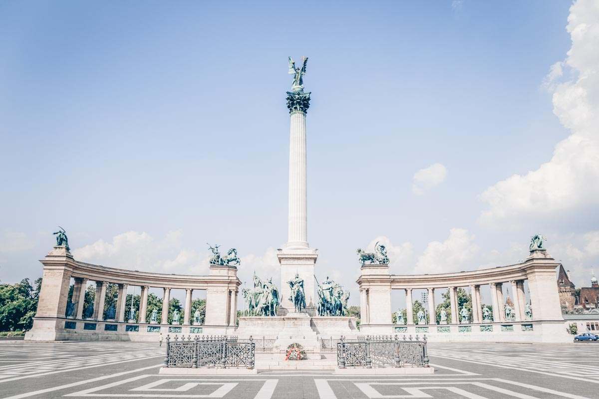Budapest sights: The Millennium Monument and the triumphal colonnades at Heroes Square