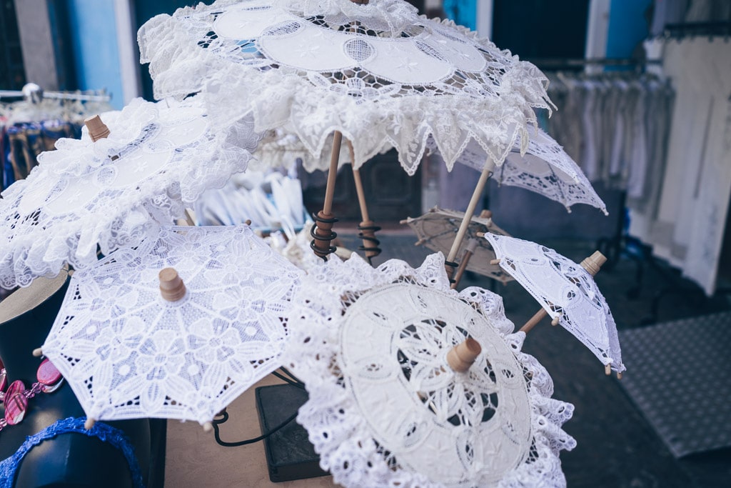 Lace on display in Burano, Italy.