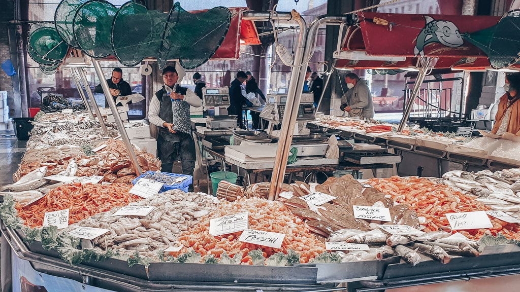 An assortment of delicious seafood at the famous Rialto Market in Venice, Italy.
