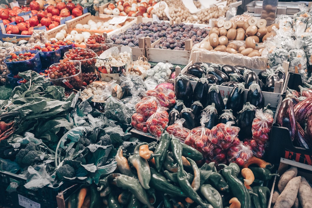 A variety of vegetables and fruits at the Rialto Market in Venice, Italy