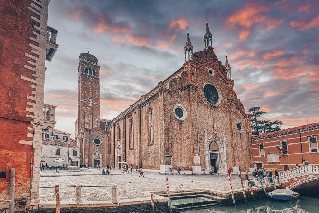The humongous Gothic-style Frari Church in Venice, Italy.