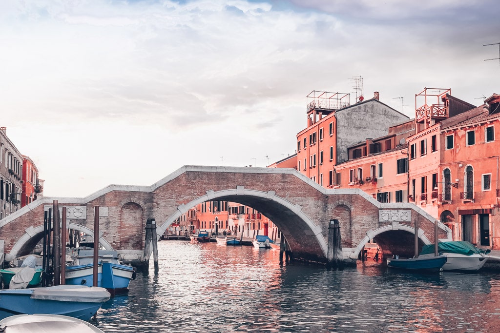 The unusual three-arched Ponte dei Tre Archi in Venice.