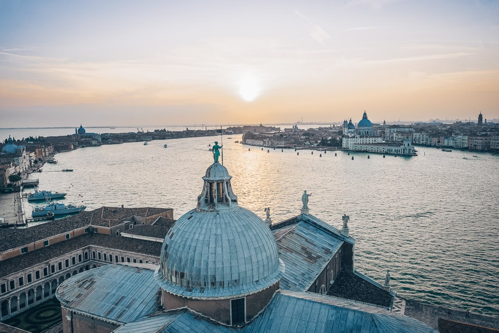 A beautiful panorama of Venice at sunset from the Campanile on the island of San Giorgio Maggiore.
