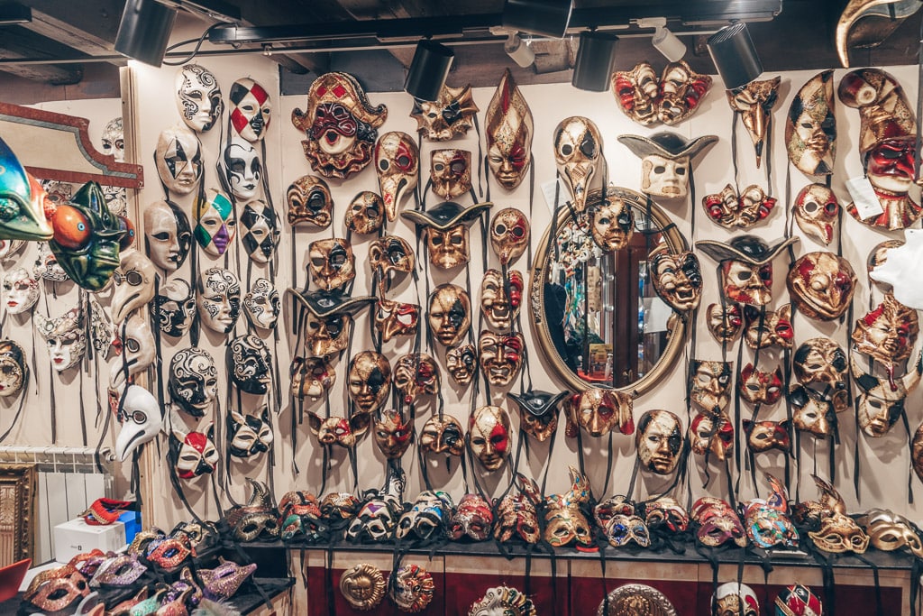 Venice sourvenirs: An assortment of authentic Venetian masks at the famous Ca Macana shop.