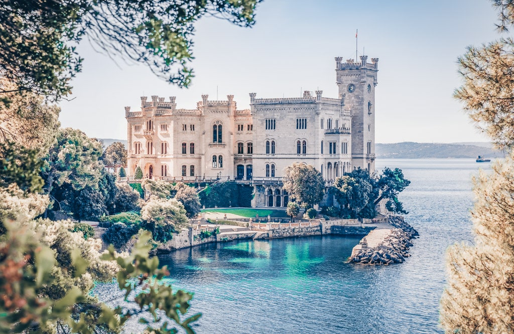 Best castles in Europe: The salt-white fairytale-like Miramare Castle in Trieste, Italy.
