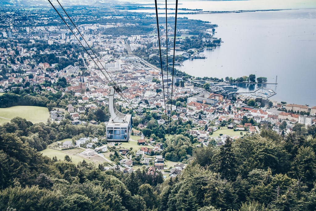 A panoramic view of Lake Constance and Bregenz from the Pfänder cable car in Austria.