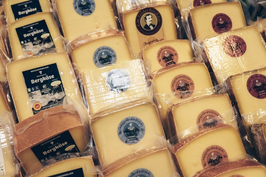 Various packs of regional cheese in Vorarlberg, Austria