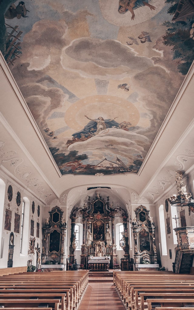 The lovely paintings and altar of the Holy Trinity Church (Dreifaltigkeitskirche) in Schwarzenberg, Austria.