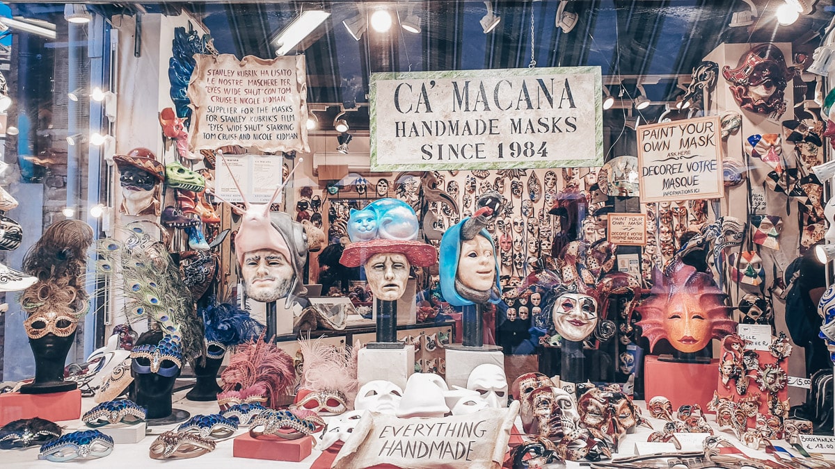 Venice Souvenirs: An array of authentic Venetian masks on display at the Ca'Macana shop in Venice.