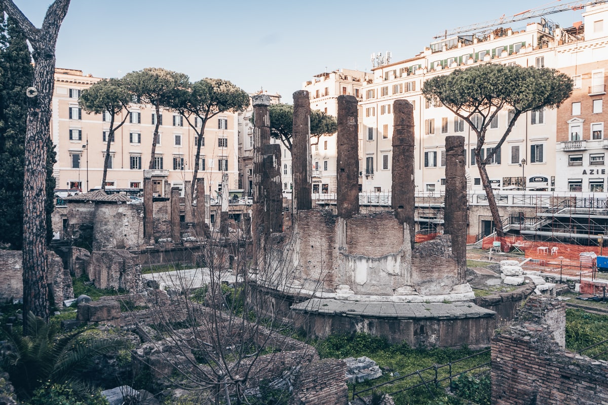 The ancient ruins of Largo di Torre Argentina, where Caesar was murdered in 44 BC