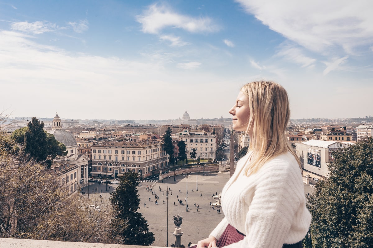Rome viewpoints: Woman admiring the panorama of Rome from Pincio Terrace