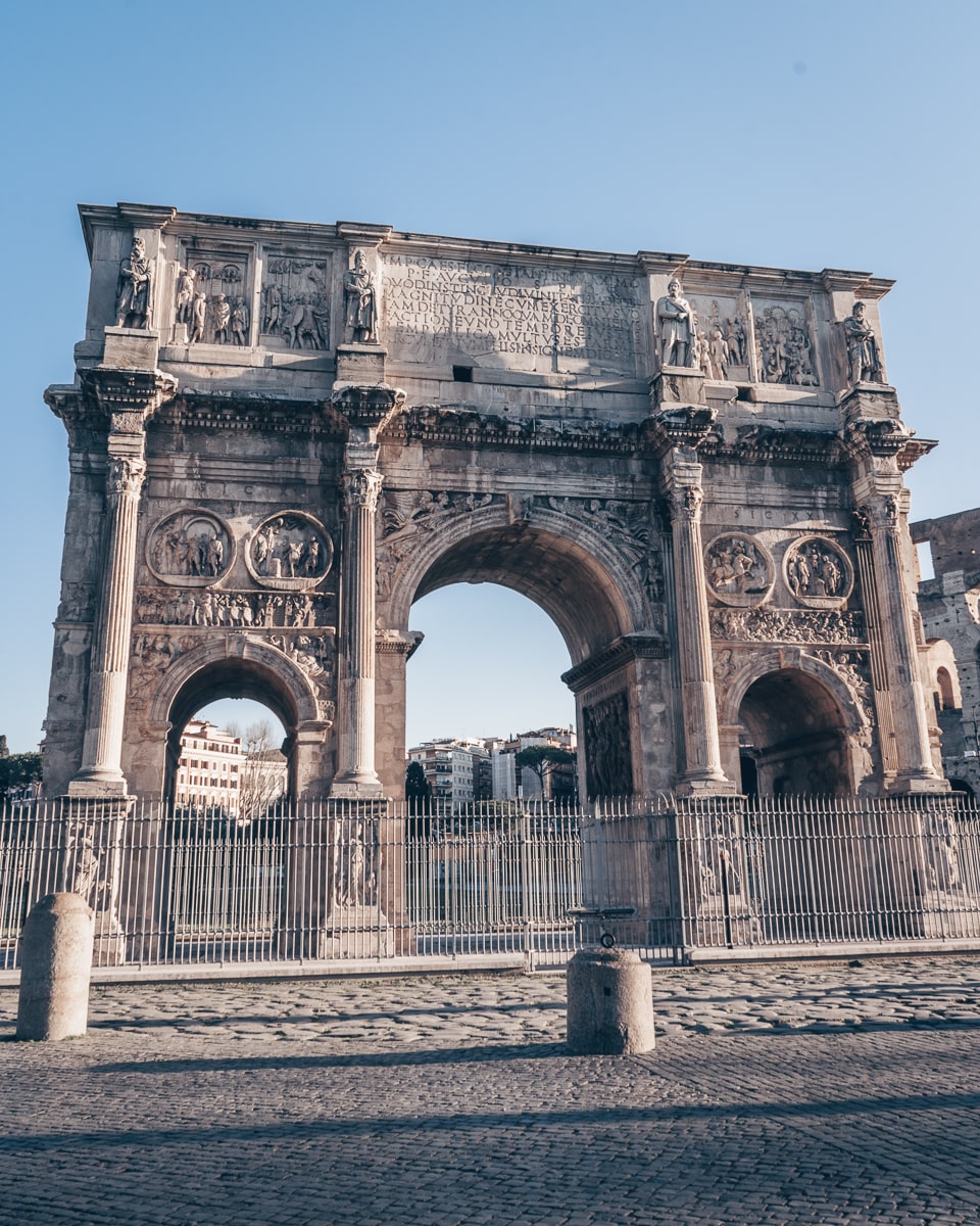 Visit Rome: Architectural details of the Arch of Constantine at sunrise