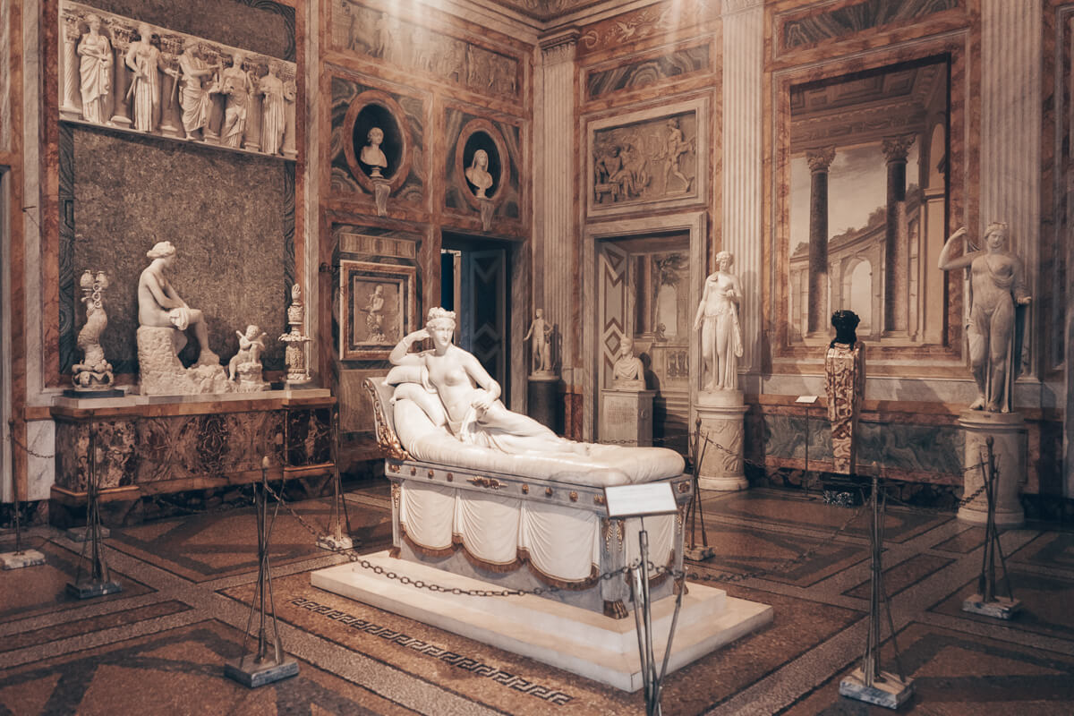 Antonio Canova's famous Venus Victrix (Pauline Borghese) sculpture inside the Borghese Gallery in Rome, Italy