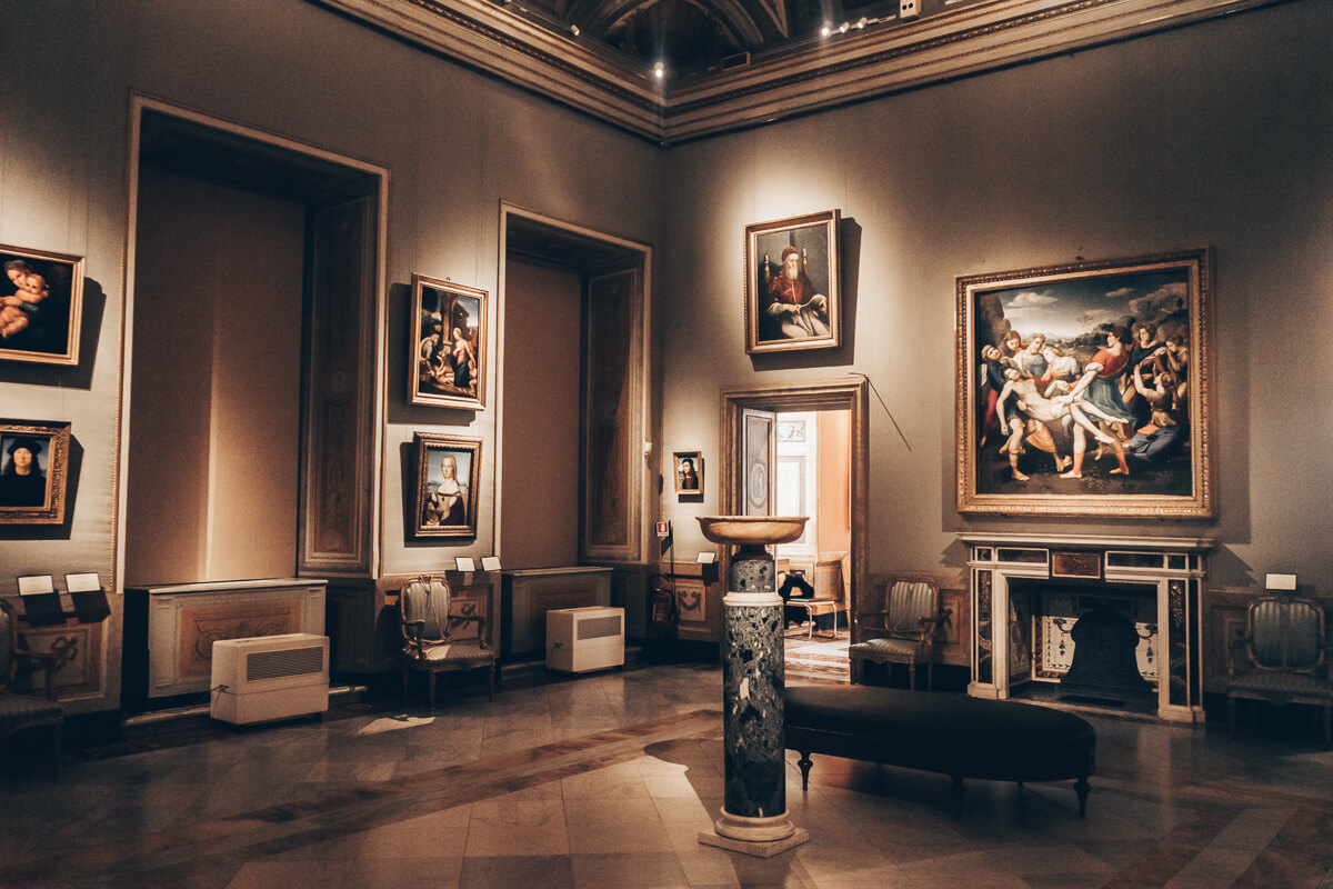 Various artworks on display inside the Borghese Gallery in Rome, Italy