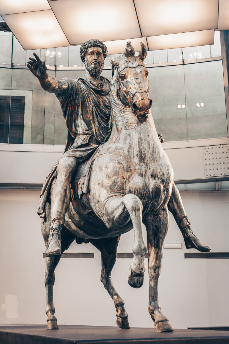 The original equestrian statue of Marcus Aurelius inside the Capitoline Museums in Rome, Italy