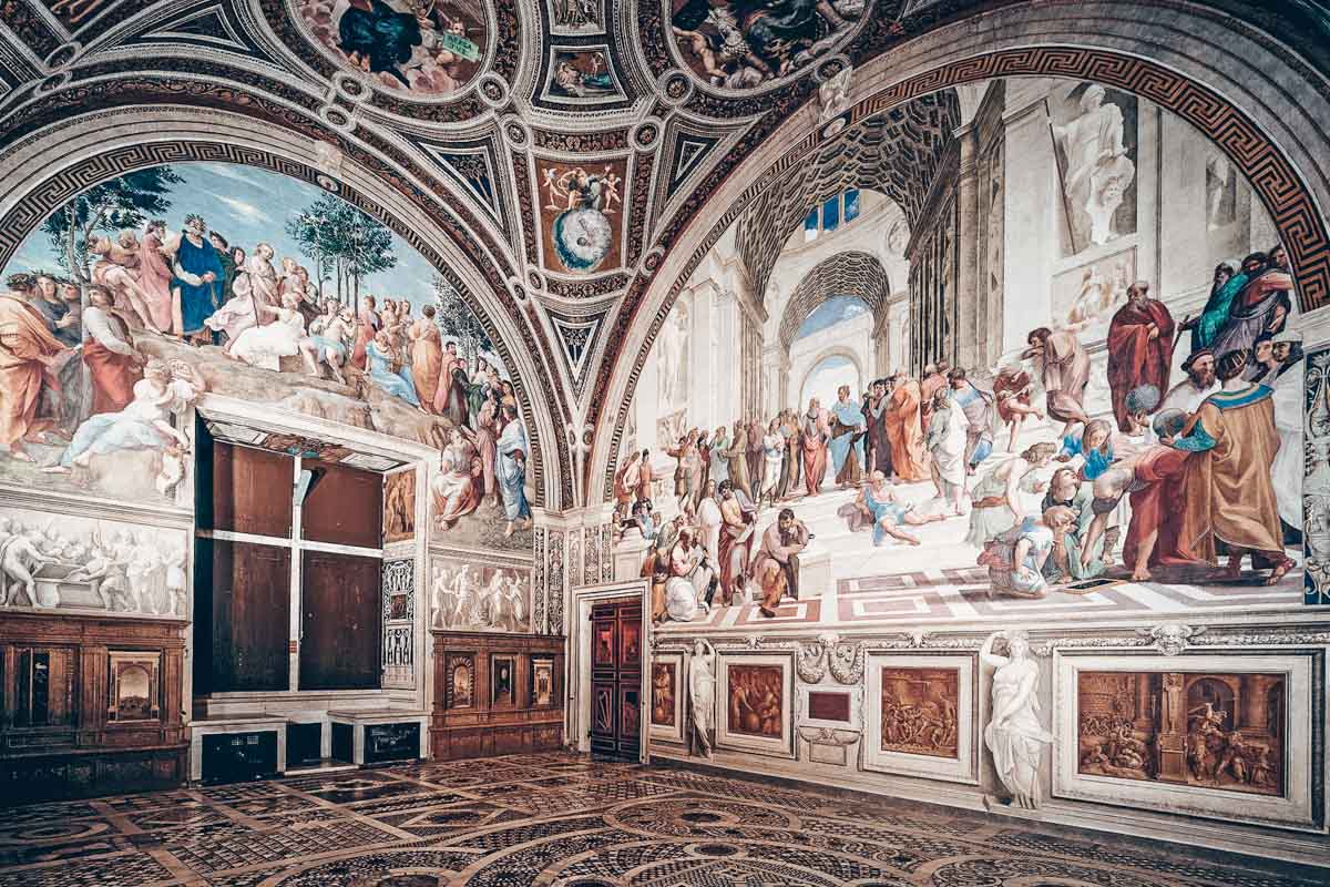 The famous School of Athens fresco in the Raphael Rooms inside the Vatican Museums in Rome, Italy