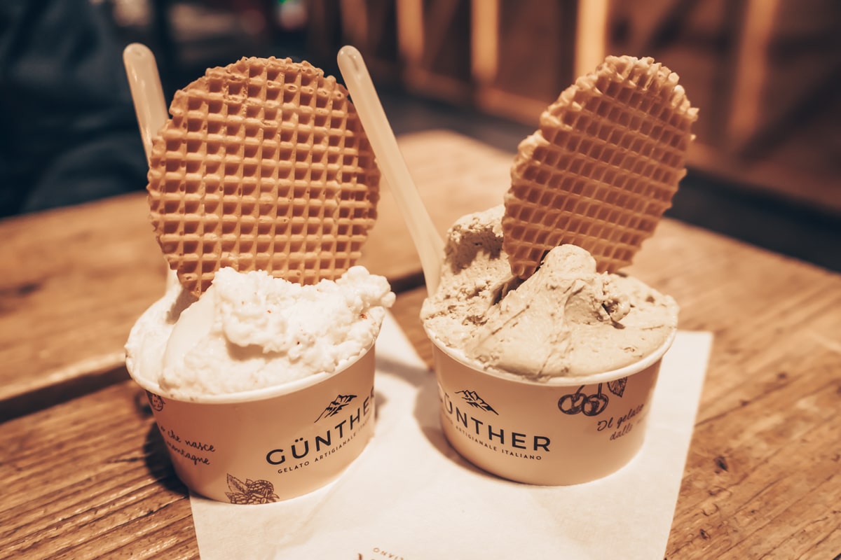 Gelato: Two cups of artisanal gelato at Günther Gelateria in Rome, Italy