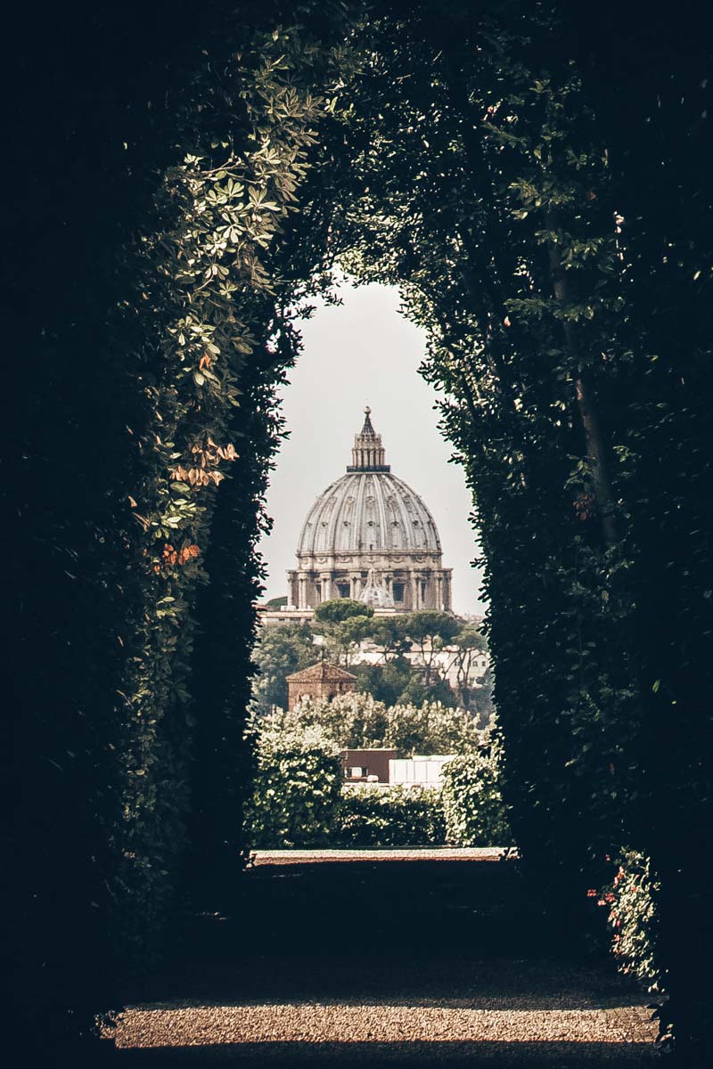 The gorgeous framed view of the dome of St. Peter's Basilica from the Knights of Malta Keyhole