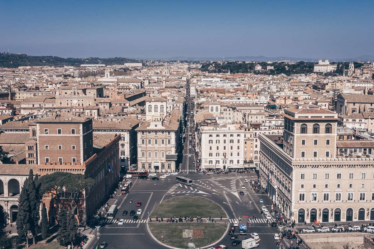 Rome viewpoints: Panoramic view of Rome from Victor Emmanuel II Monument (Altare dellla Patria) in the afternoon.
