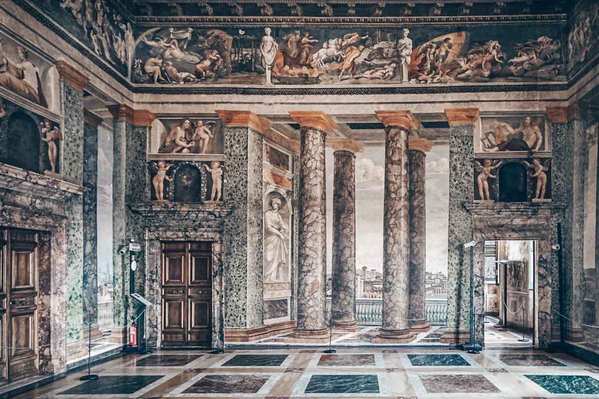 The wonderful trompe-l’oeil decoration in the Room of the Perspectives in Rome's Villa Farnesina. PC: Jean-Pierre Dalbéra from Paris, France, CC BY 2.0 <https://creativecommons.org/licenses/by/2.0>, via Wikimedia Commons