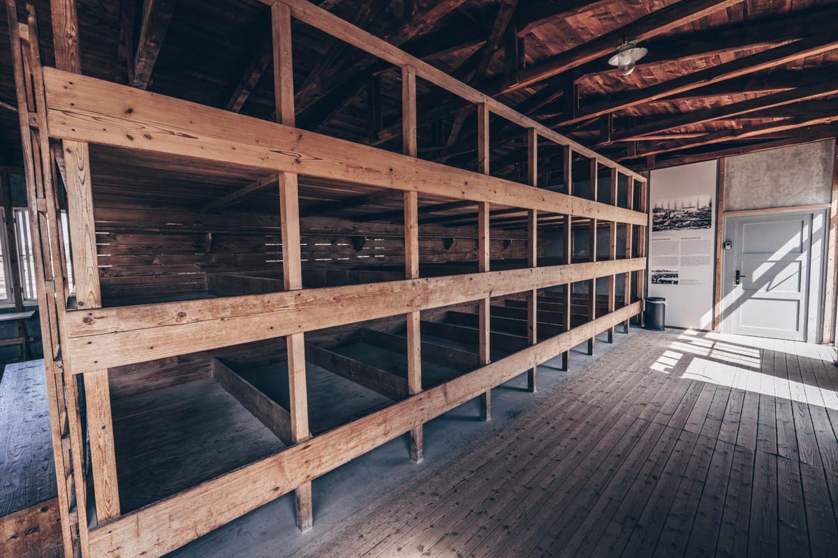The cramped sleeping quarters inside the barracks of the Dachau Concentration Camp