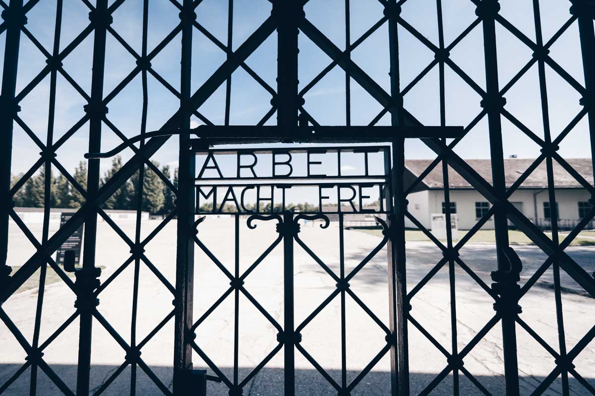  the infamous wrought-iron gates of the Dachau Concentration Camp