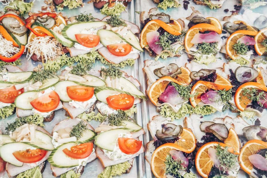 Danish Food: Selection of Smoerrebroed Danish open faced sandwiches on display