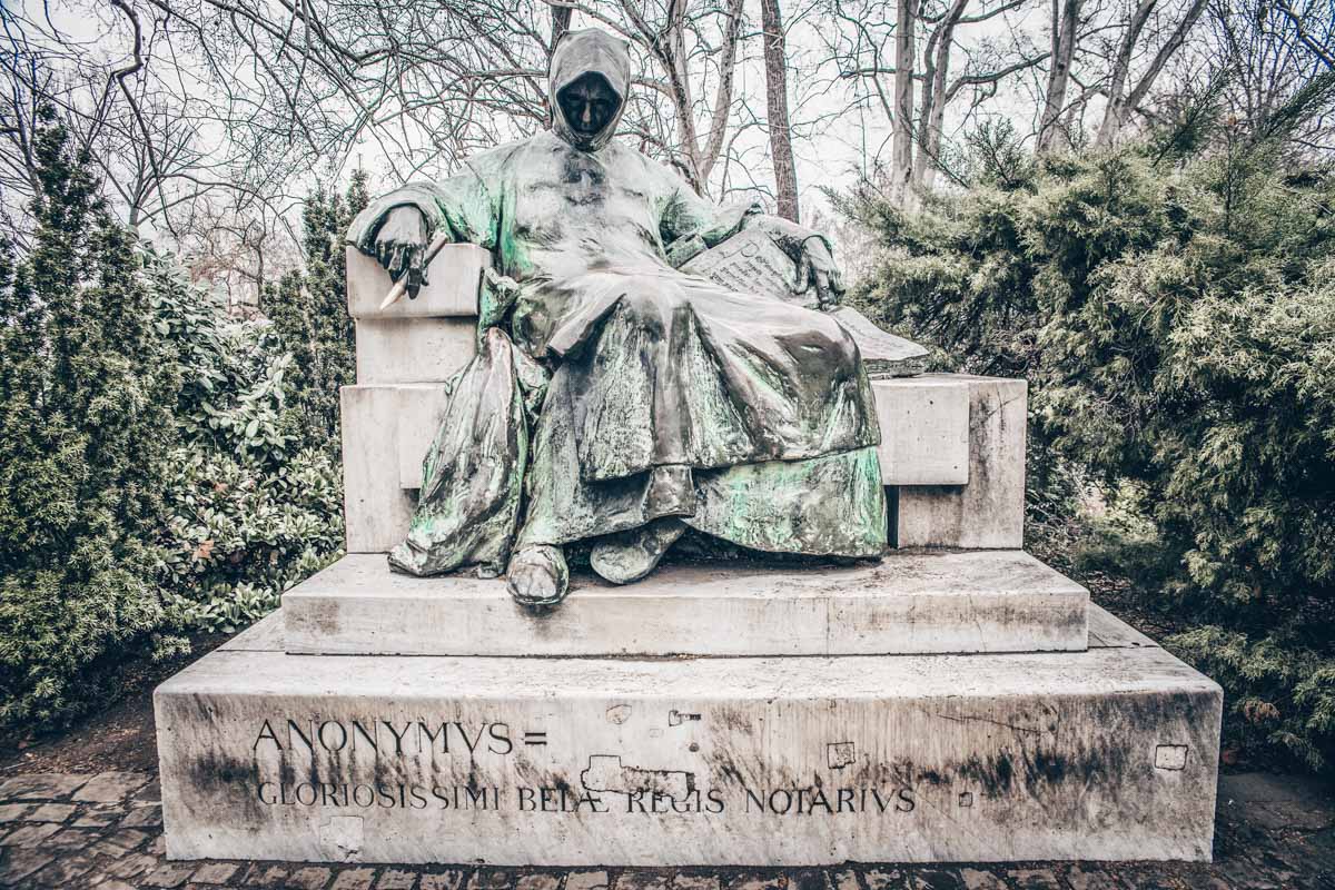 Budapest landmarks: The famous hooded Anonymous Statue in City Park