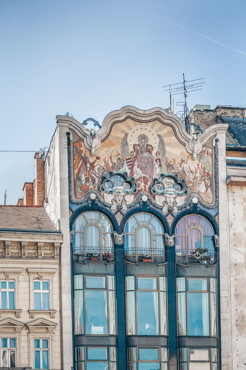The glittering mosaic on the facade of Art Nouveau Turkish Bank House in Budapest