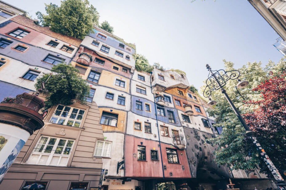 Hundertwasser Vienna: The colorful facade of the Hundertwasserhaus in Vienna on a sunny afternoon