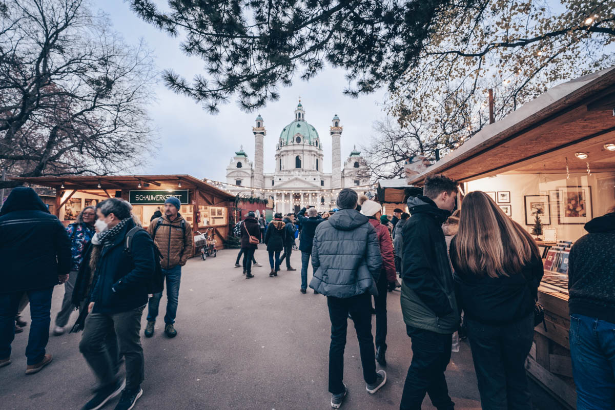The stalls at the Vienna Christmas market in front of Karlskirche.