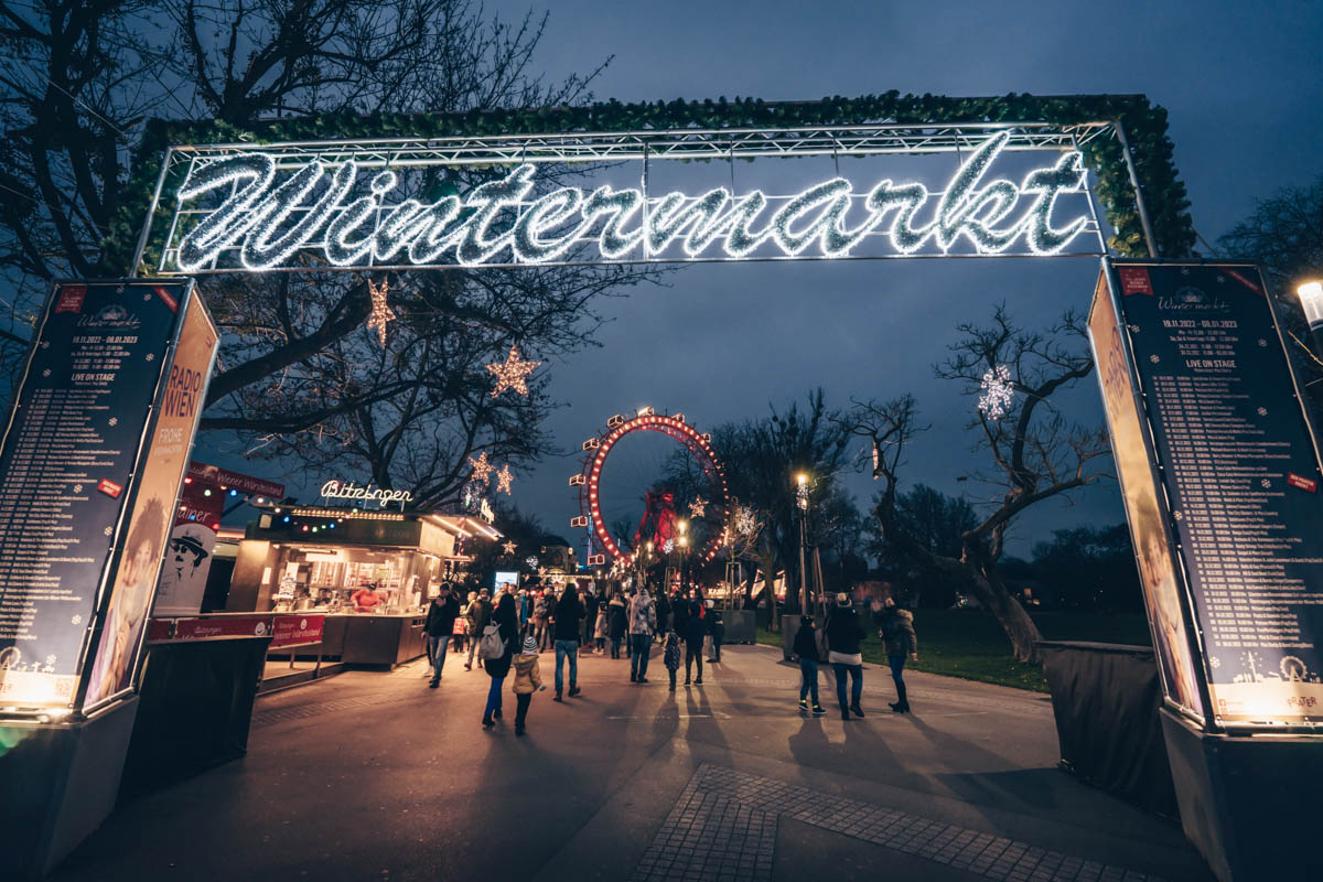 The entrance to the Vienna Christmas market in Prater.