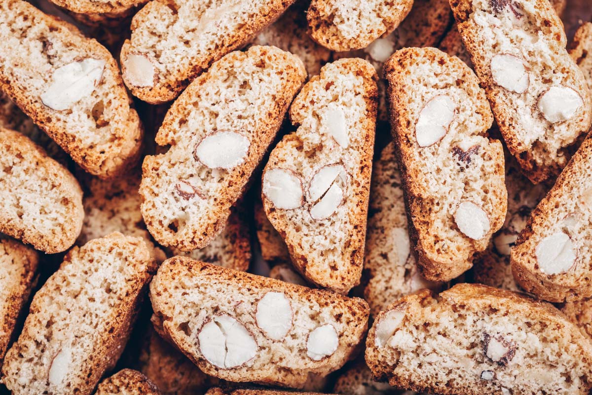 Closeup of Cantucci - crunchy Tuscan almond biscuits.