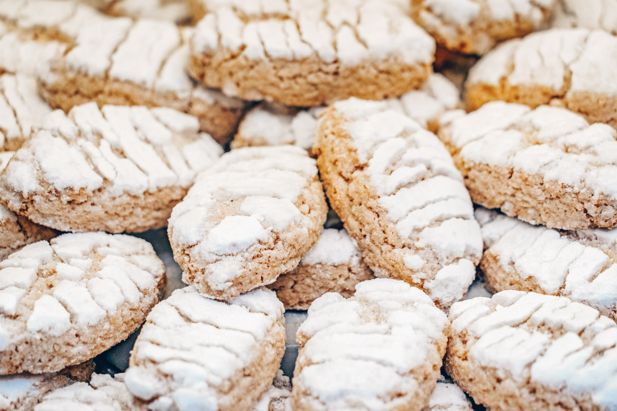 Tuscan food: Closeup of Ricciarelli -  soft, chewy almond cookies sweetly dusted with sugar