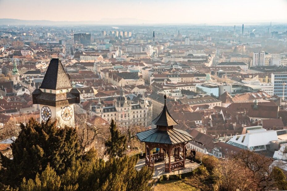 Aerial view of the Schlossberg and the old town of Graz